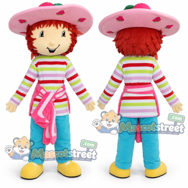 Strawberry Girl Mascot Costume with Striped Shirt, Blue Pants and Strawberry Hat