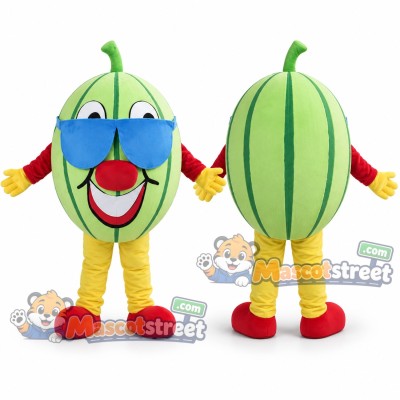 Green Watermelon Mascot Costume with Blue Sunglasses Green Watermelon Mascot Costume with Blue Sunglasses
