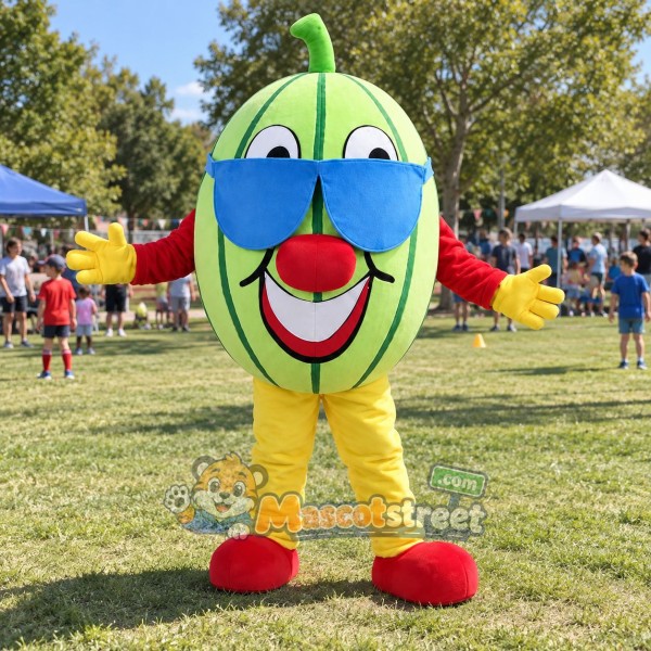 Green Watermelon Mascot Costume with Blue Sunglasses Green Watermelon Mascot Costume with Blue Sunglasses