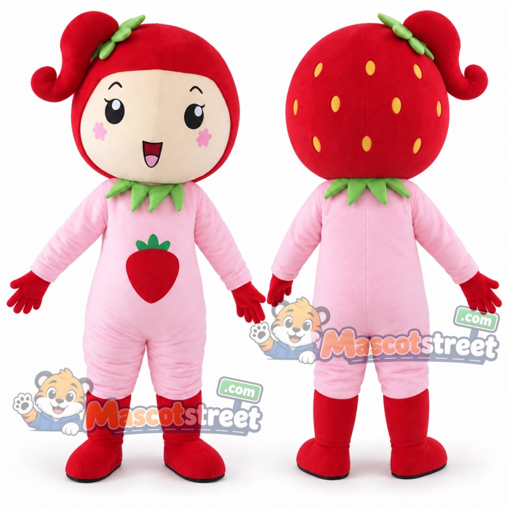 Strawberry Girl Mascot Costume with Pink Outfit Strawberry Girl Mascot Costume with Pink Outfit