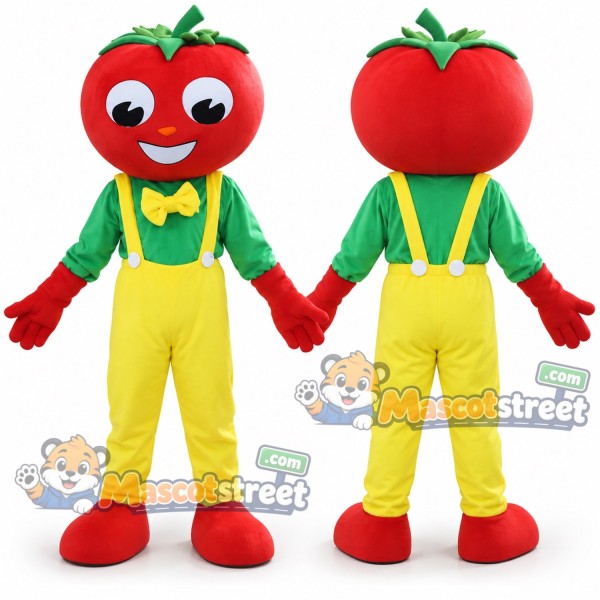 Red Tomato Mascot Costume with Green Shirt and Yellow Overalls