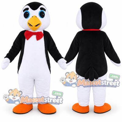 Black and White Penguin Mascot Costume with Red Bow Tie