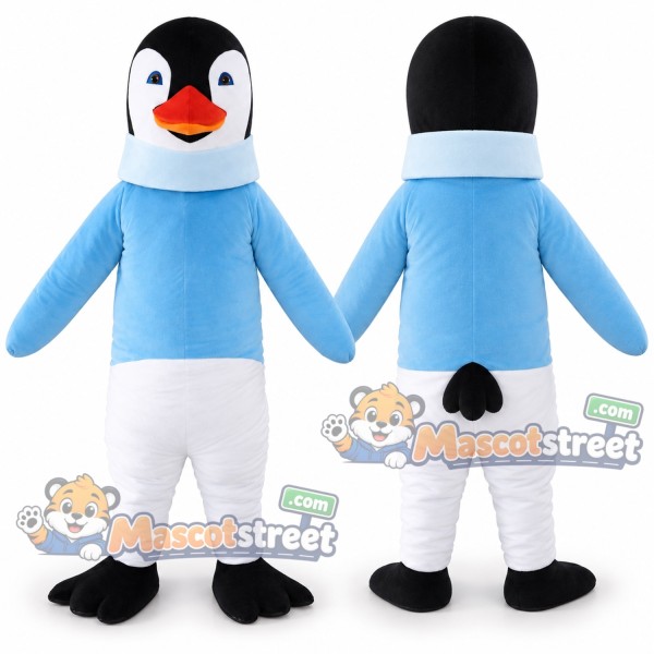 Black and White Penguin Mascot Costume with Light Blue Shirt