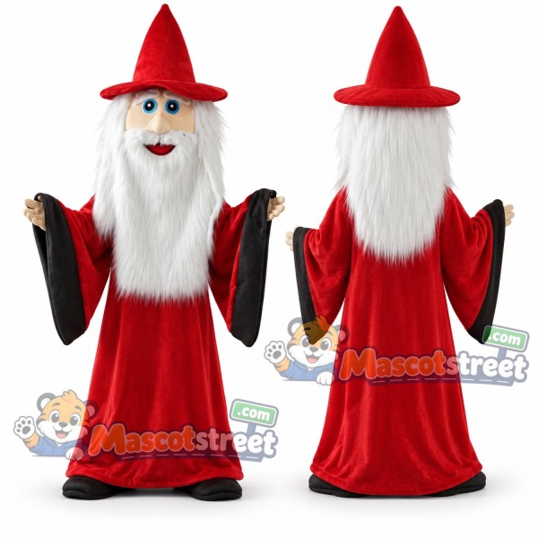 Wizard Mascot Costume with Red Robe and Pointed Hat