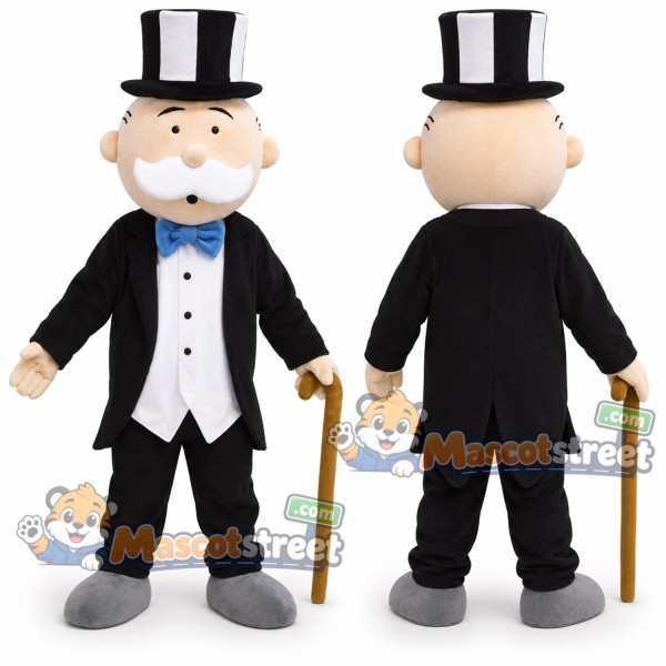White Haired Gentleman Mascot Costume with Black Suit and Top Hat