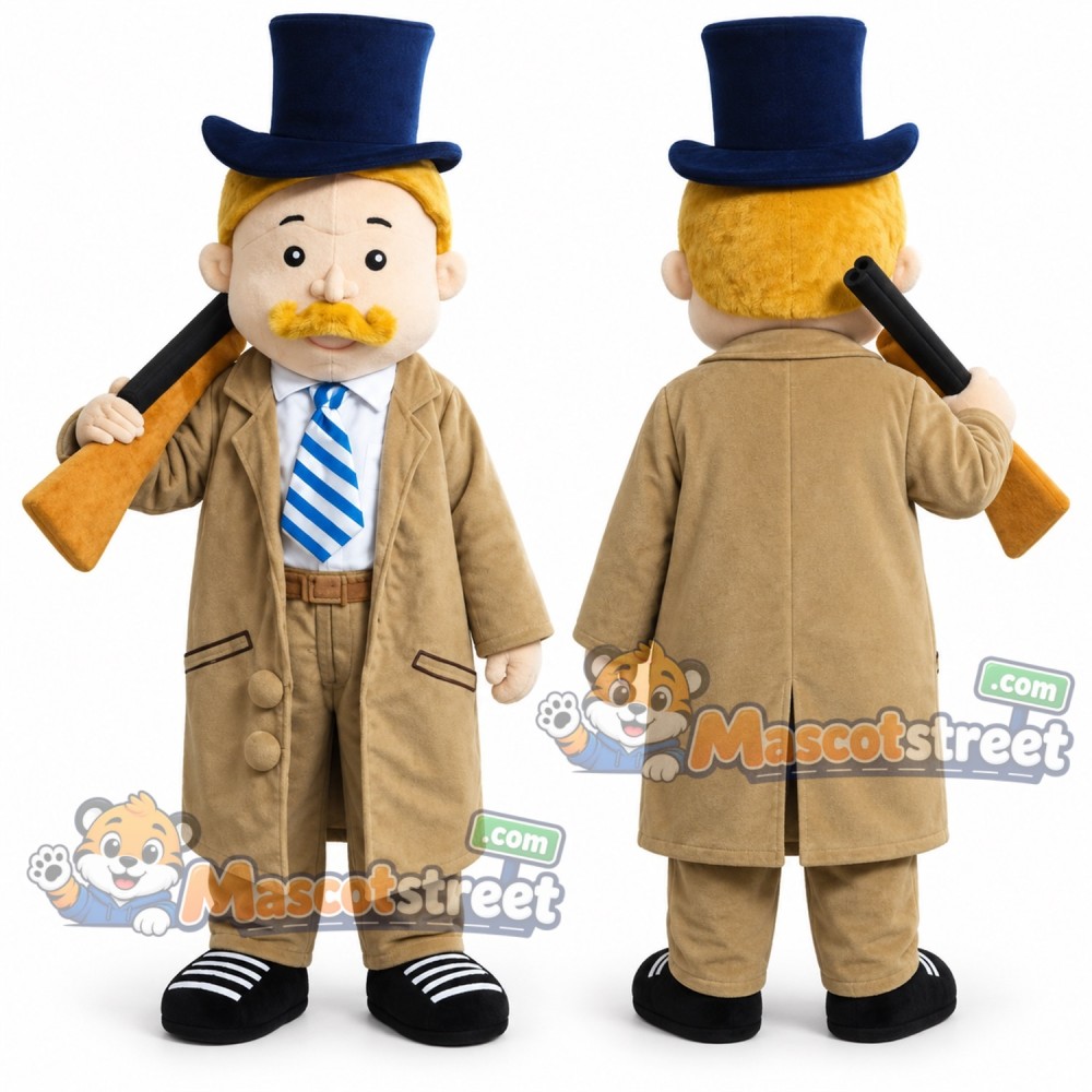 Mustached Gentleman Mascot Costume with Tan Coat, Striped Tie and Blue Top Hat Mustached Gentleman Mascot Costume with Tan Coat, Striped Tie and Blue Top Hat