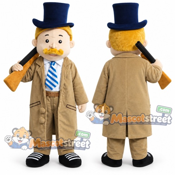 Mustached Gentleman Mascot Costume with Tan Coat, Striped Tie and Blue Top Hat