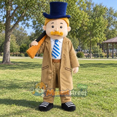 Mustached Gentleman Mascot Costume with Tan Coat, Striped Tie and Blue Top Hat