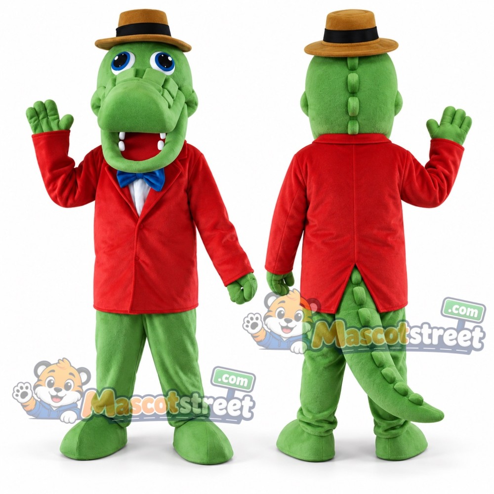 Green Crocodile Mascot Costume with Red Jacket, Green Pants and Straw Hat Green Crocodile Mascot Costume with Red Jacket, Green Pants and Straw Hat