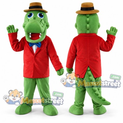 Green Crocodile Mascot Costume with Red Jacket, Green Pants and Straw Hat Green Crocodile Mascot Costume with Red Jacket, Green Pants and Straw Hat