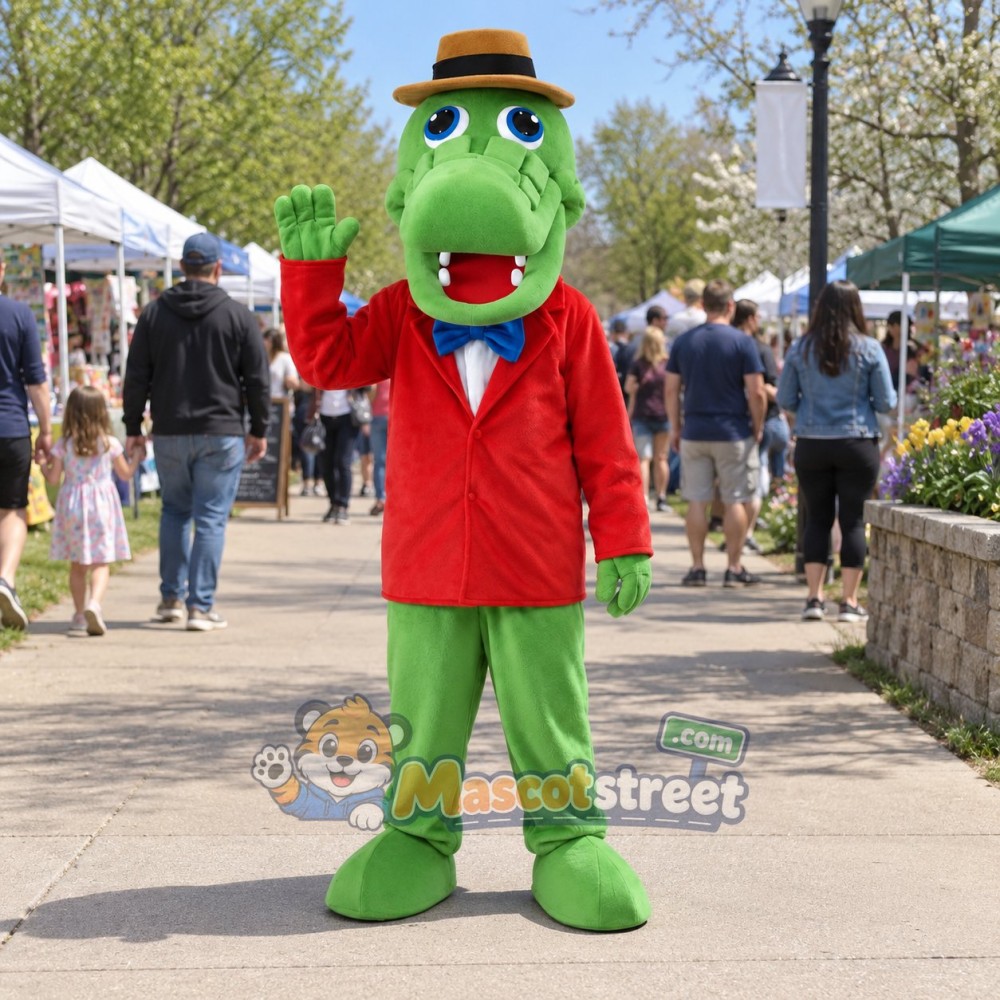 Green Crocodile Mascot Costume with Red Jacket, Green Pants and Straw Hat Green Crocodile Mascot Costume with Red Jacket, Green Pants and Straw Hat