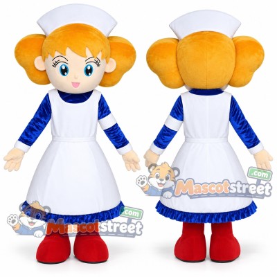 Blond Nurse Mascot Costume with Blue Dress, White Apron and Nurse Hat Blond Nurse Mascot Costume with Blue Dress, White Apron and Nurse Hat