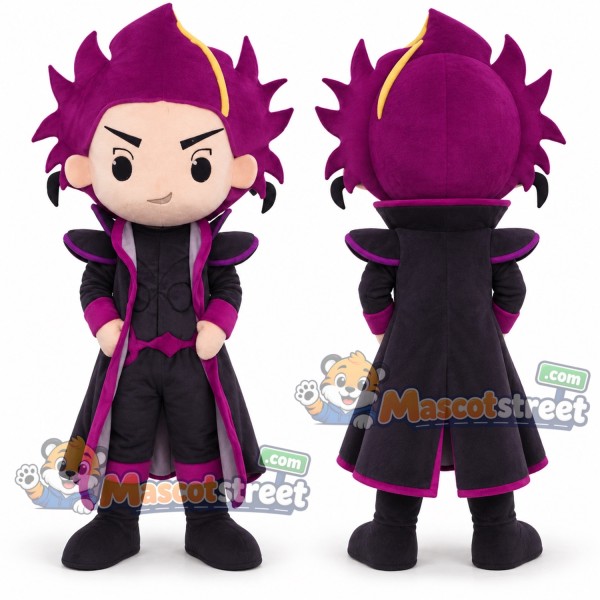 Purple Haired Wizard Mascot Costume with Black and Pink Coat