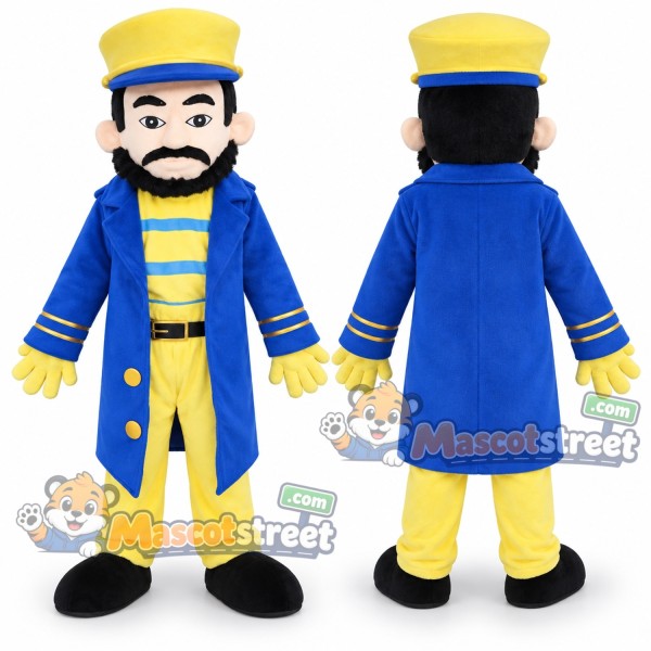 Ship Captain Mascot Costume with Blue Coat, Yellow Pants and Captain Hat
