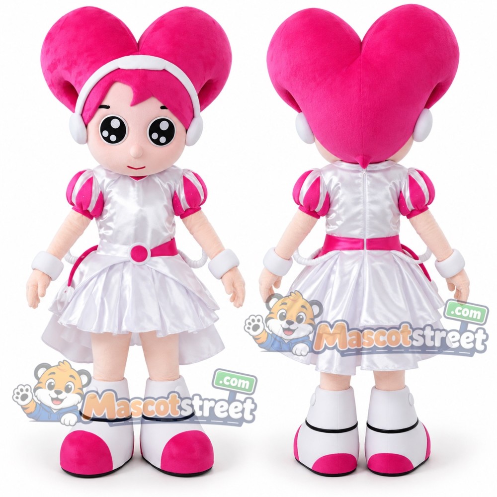 Pink Haired Girl Mascot Costume with White Dress