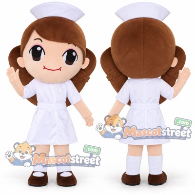 Brown Haired Nurse Mascot Costume with White Dress and Nurse Hat Brown Haired Nurse Mascot Costume with White Dress and Nurse Hat
