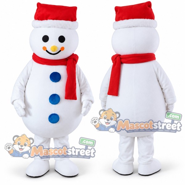 Snowman Mascot Costume with Red Scarf and Santa Hat