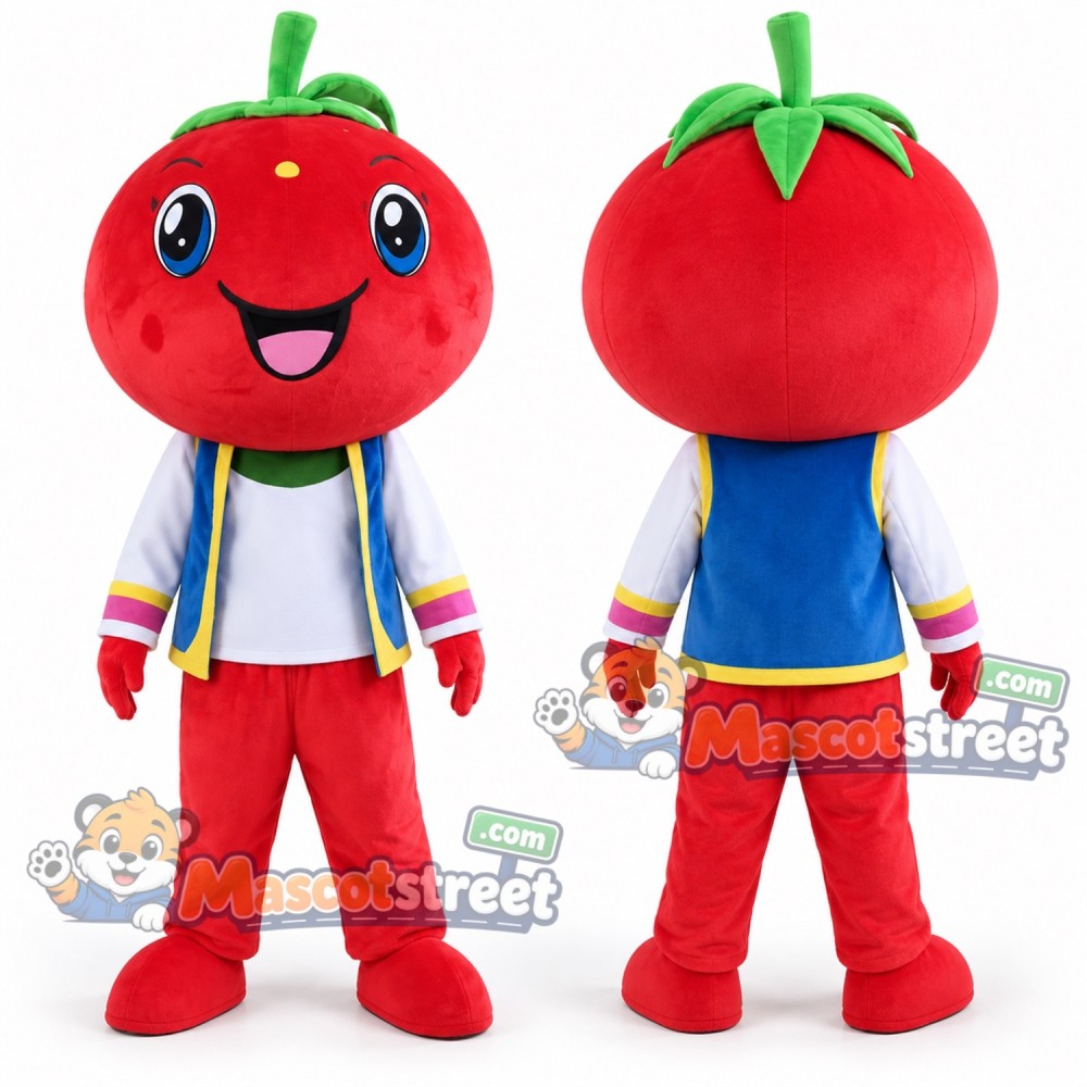 Red Tomato Mascot Costume with Blue Jacket and Red Pants Red Tomato Mascot Costume with Blue Jacket and Red Pants