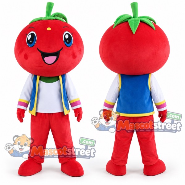 Red Tomato Mascot Costume with Blue Jacket and Red Pants