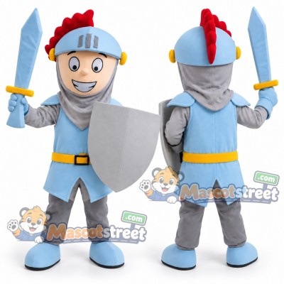 Knight Mascot Costume with Blue and Silver Armor and Helmet