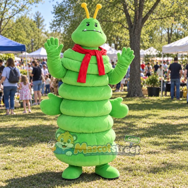 Green Caterpillar Mascot Costume with Red Scarf Green Caterpillar Mascot Costume with Red Scarf