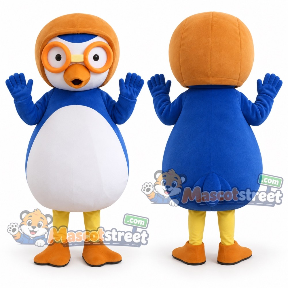 Blue and White Penguin Mascot Costume with Orange Helmet and Glasses Blue and White Penguin Mascot Costume with Orange Helmet and Glasses