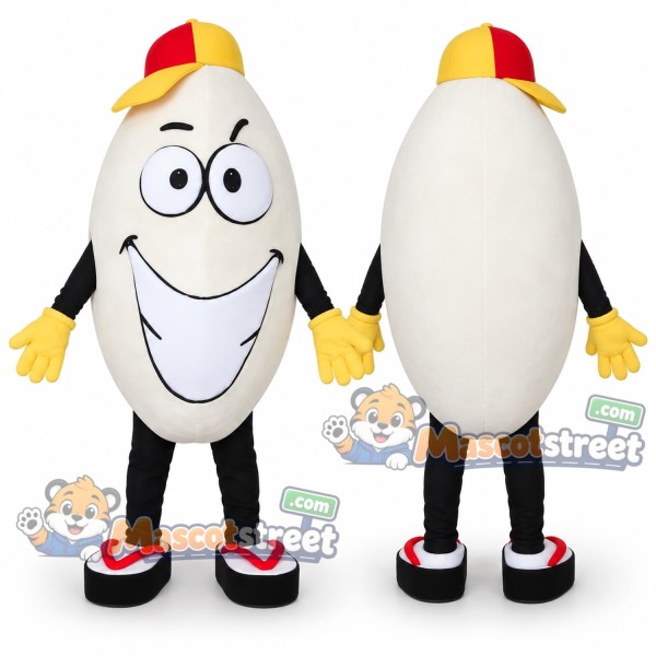 White Rice Grain Mascot Costume with Yellow and Red Cap