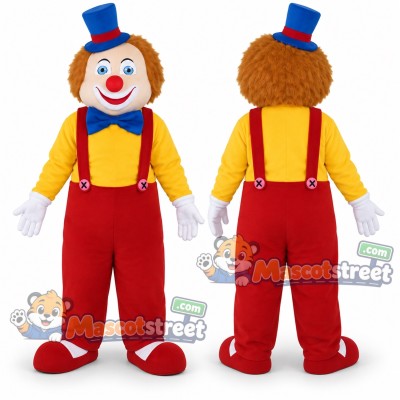 Clown Mascot Costume with Yellow Shirt, Red Overalls and Blue Top Hat Clown Mascot Costume with Yellow Shirt, Red Overalls and Blue Top Hat