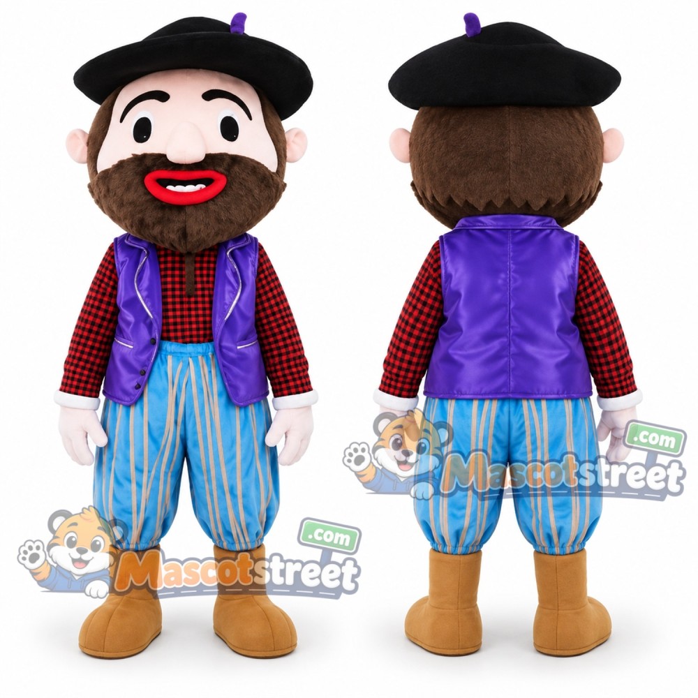 Bearded Man Mascot Costume with Purple Vest, Striped Pants and Black Beret Bearded Man Mascot Costume with Purple Vest, Striped Pants and Black Beret