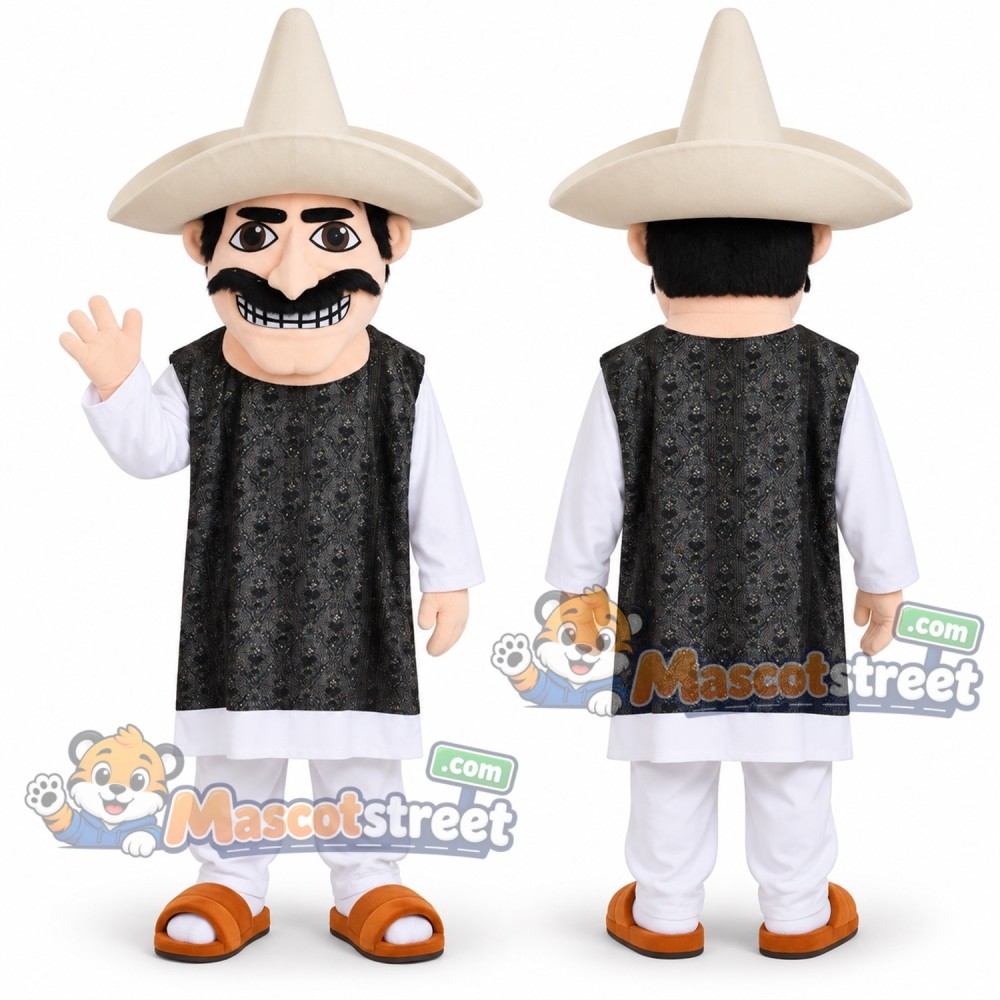 Mustached Man Mascot Costume with Black Vest, White Outfit and Beige Sombrero Mustached Man Mascot Costume with Black Vest, White Outfit and Beige Sombrero