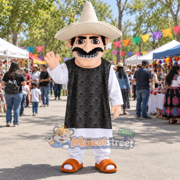 Mustached Man Mascot Costume with Black Vest, White Outfit and Beige Sombrero Mustached Man Mascot Costume with Black Vest, White Outfit and Beige Sombrero