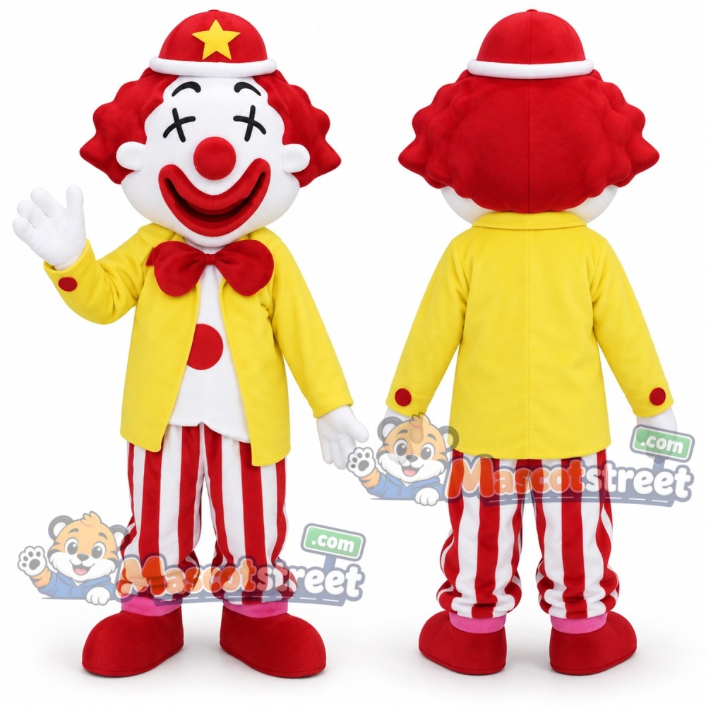 Clown Mascot Costume with Yellow Coat, Red Striped Pants and Red Hat Clown Mascot Costume with Yellow Coat, Red Striped Pants and Red Hat