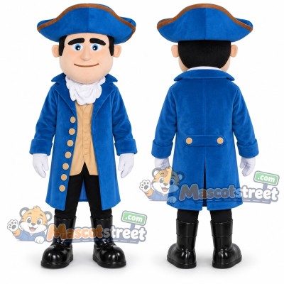 Colonial Gentleman Mascot Costume with Blue Coat and Tricorn Hat