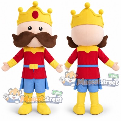 King Mascot Costume with Red Tunic, Blue Shorts and Crown