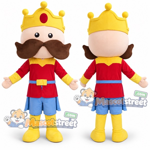 King Mascot Costume with Red Tunic, Blue Shorts and Crown