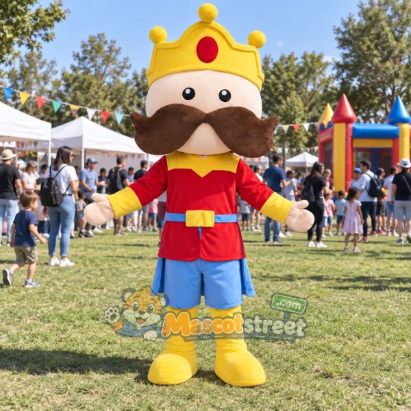 King Mascot Costume with Red Tunic, Blue Shorts and Crown King Mascot Costume with Red Tunic, Blue Shorts and Crown