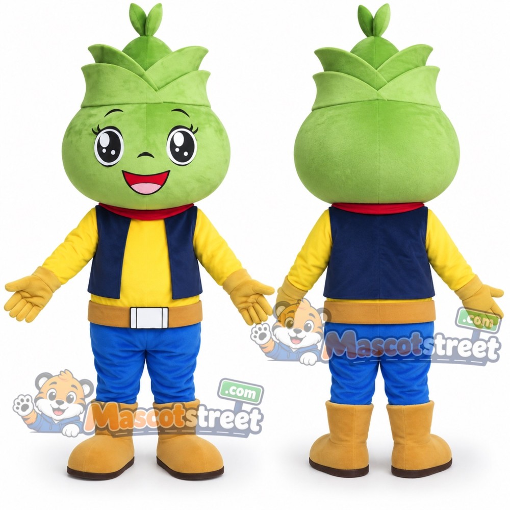 Green Plant Character Mascot Costume with Navy Vest and Blue Shorts
