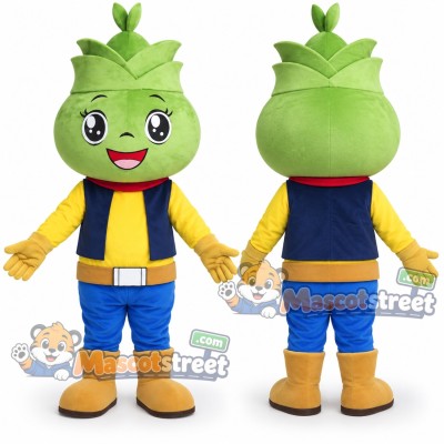 Green Plant Character Mascot Costume with Navy Vest and Blue Shorts