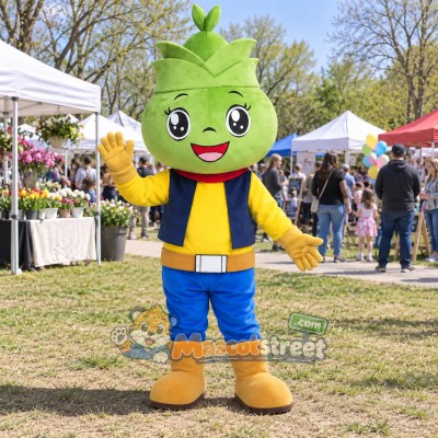 Green Plant Character Mascot Costume with Navy Vest and Blue Shorts