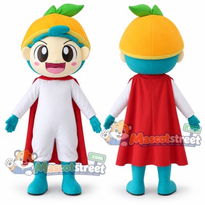 Citrus Superhero Mascot Costume with White Suit and Red Cape Citrus Superhero Mascot Costume with White Suit and Red Cape