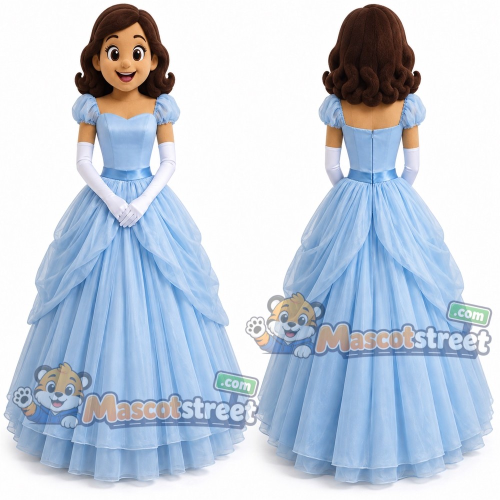 Brown Haired Princess Mascot Costume with Blue Gown Brown Haired Princess Mascot Costume with Blue Gown