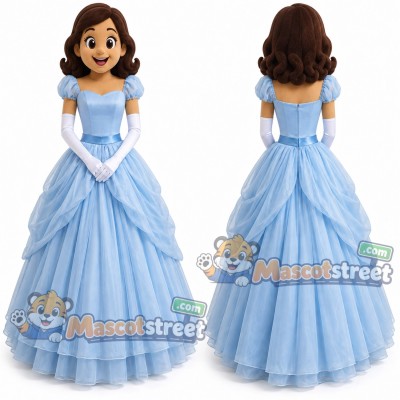 Brown Haired Princess Mascot Costume with Blue Gown Brown Haired Princess Mascot Costume with Blue Gown