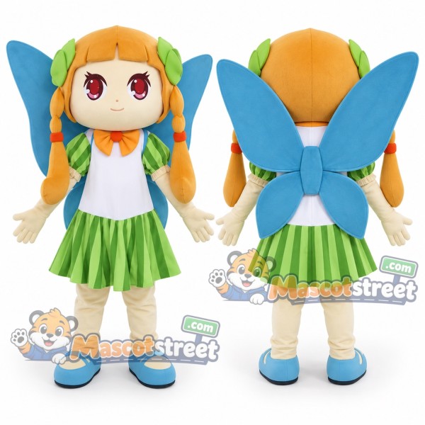 Blond Fairy Mascot Costume with White Shirt and Green Skirt