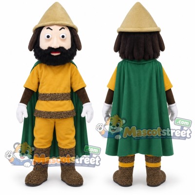 Bearded Warrior Mascot Costume with Yellow Outfit, Green Cape and Conical Hat Bearded Warrior Mascot Costume with Yellow Outfit, Green Cape and Conical Hat