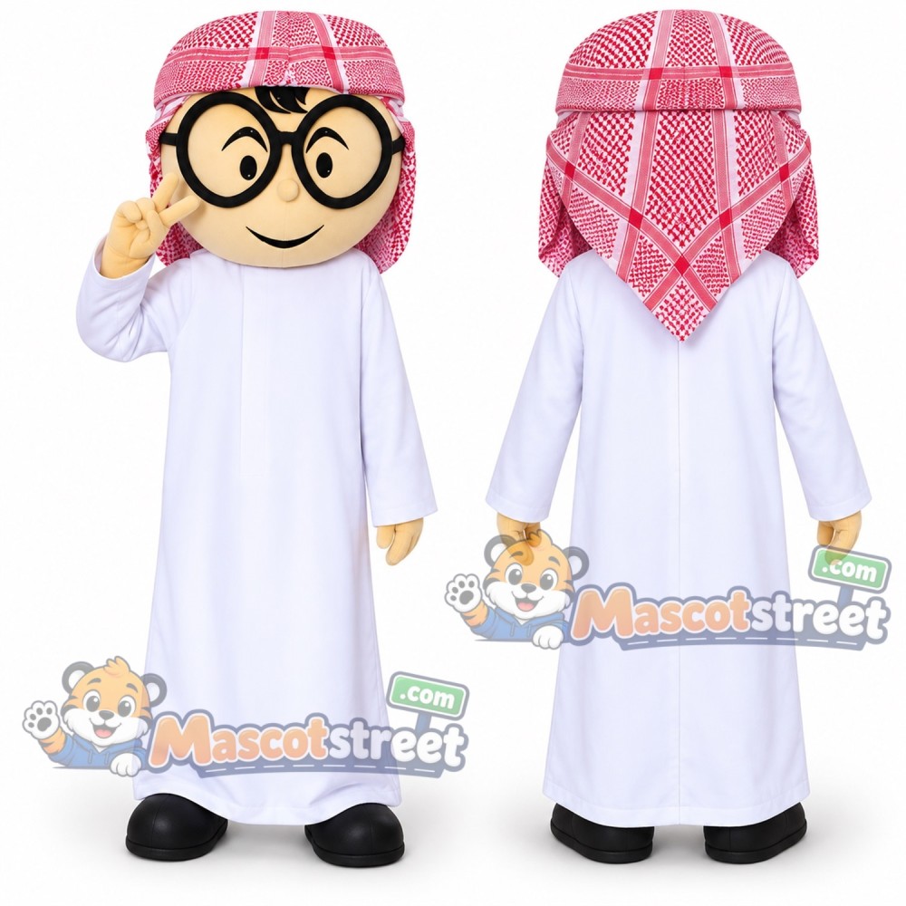 Boy with Glasses Mascot Costume with White Robe and Red Checkered Headscarf