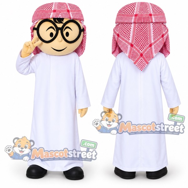 Boy with Glasses Mascot Costume with White Robe and Red Checkered Headscarf