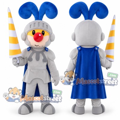 Knight Mascot Costume with Silver Armor, Blue Cape and Plumed Helmet Knight Mascot Costume with Silver Armor, Blue Cape and Plumed Helmet