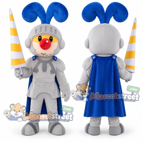 Knight Mascot Costume with Silver Armor, Blue Cape and Plumed Helmet