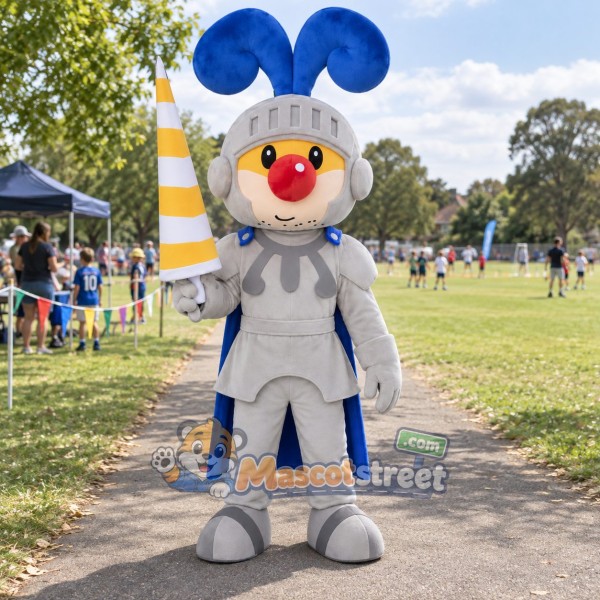 Knight Mascot Costume with Silver Armor, Blue Cape and Plumed Helmet Knight Mascot Costume with Silver Armor, Blue Cape and Plumed Helmet
