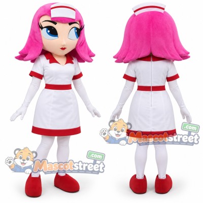 Pink Haired Nurse Mascot Costume with White Dress with Red Trim Pink Haired Nurse Mascot Costume with White Dress with Red Trim